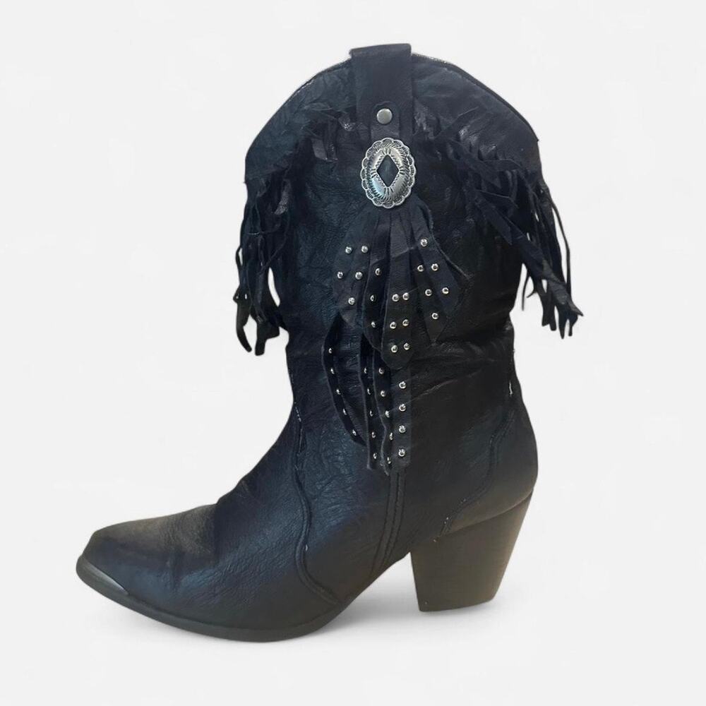 Vintage American West Black Leather Fringe Western Cowgirl Boots Size 8